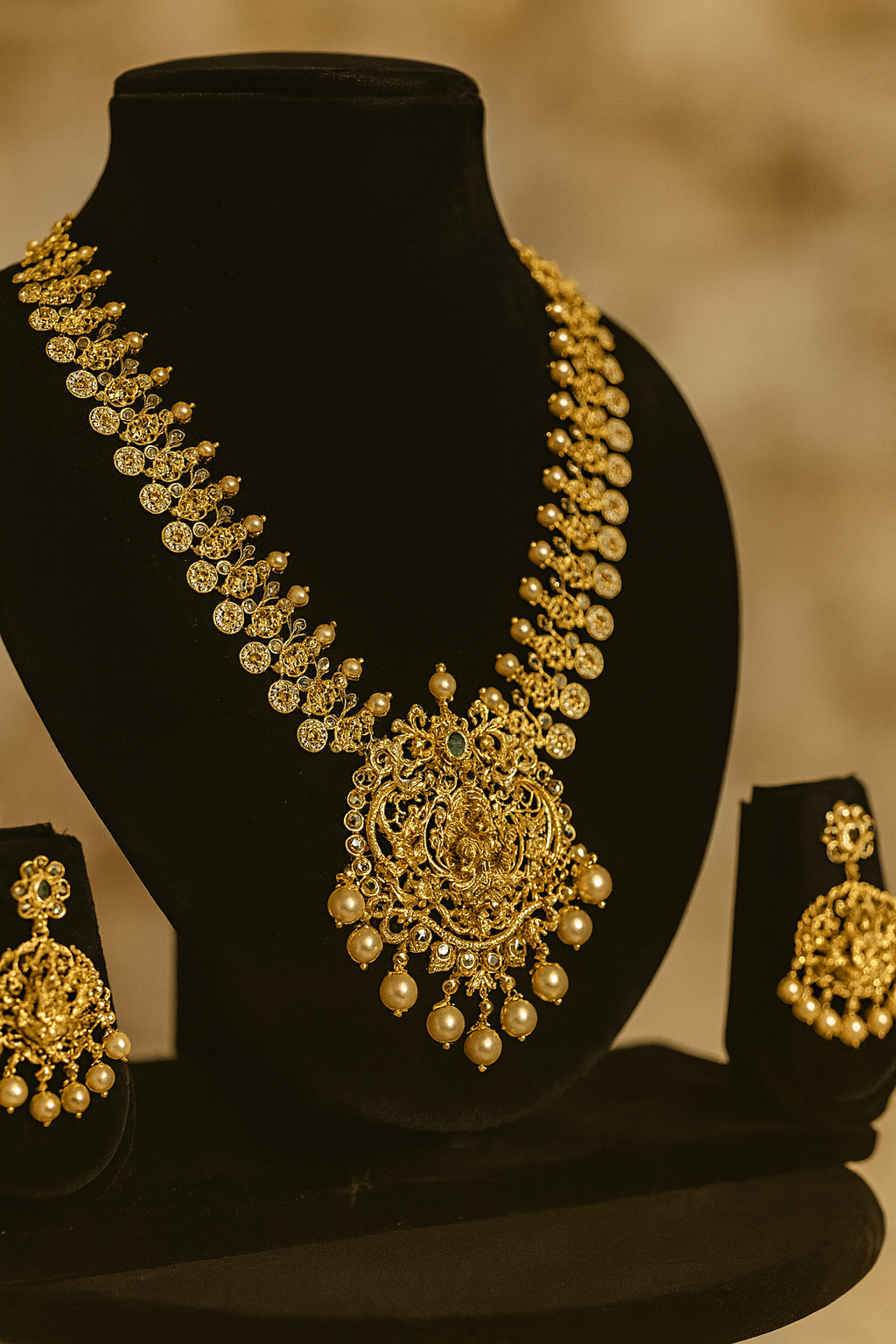 Pearl Cluster Temple Necklace With Grand Pendant